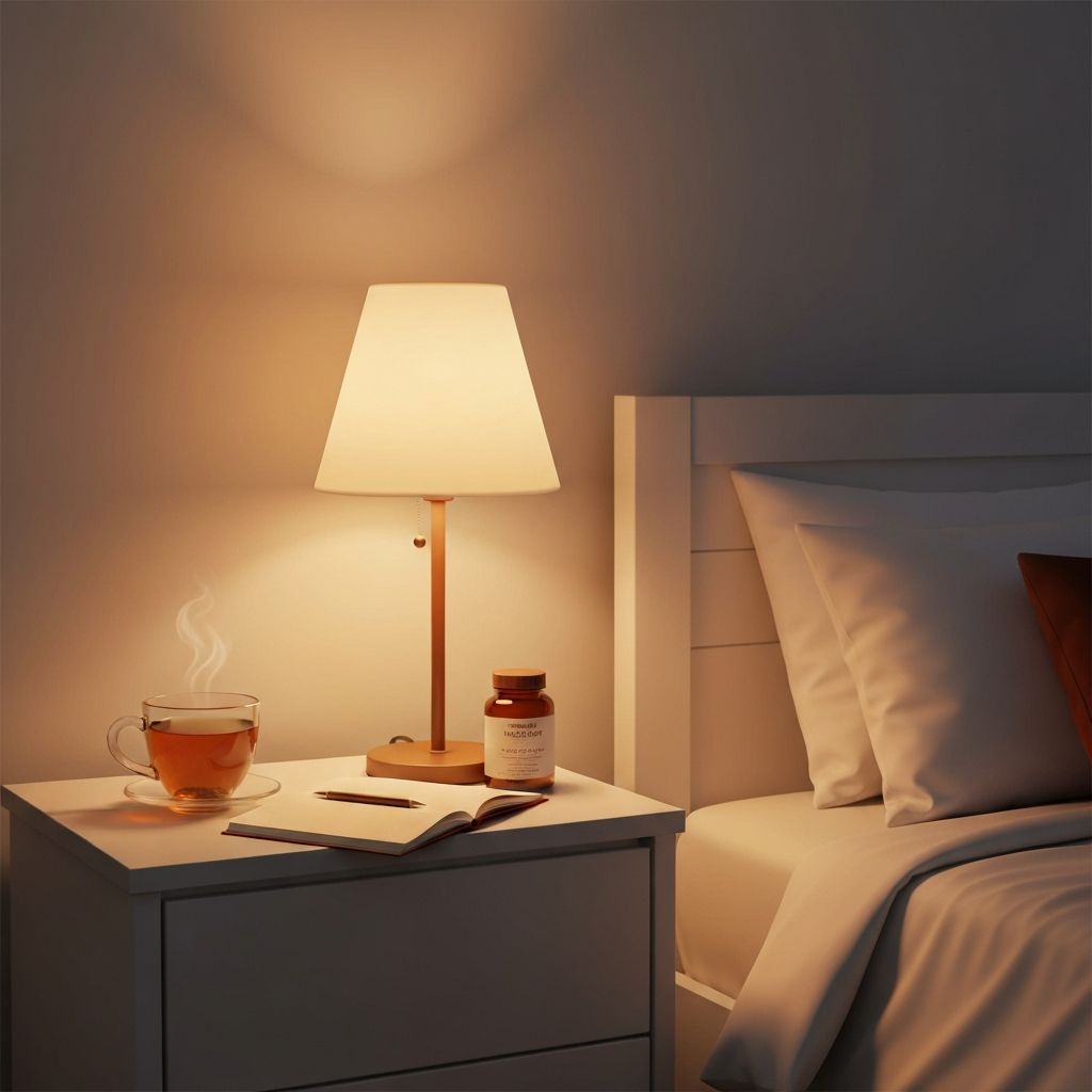 Abendszene mit Lampe, Tee, Notizbuch und einer Supplement-Glas