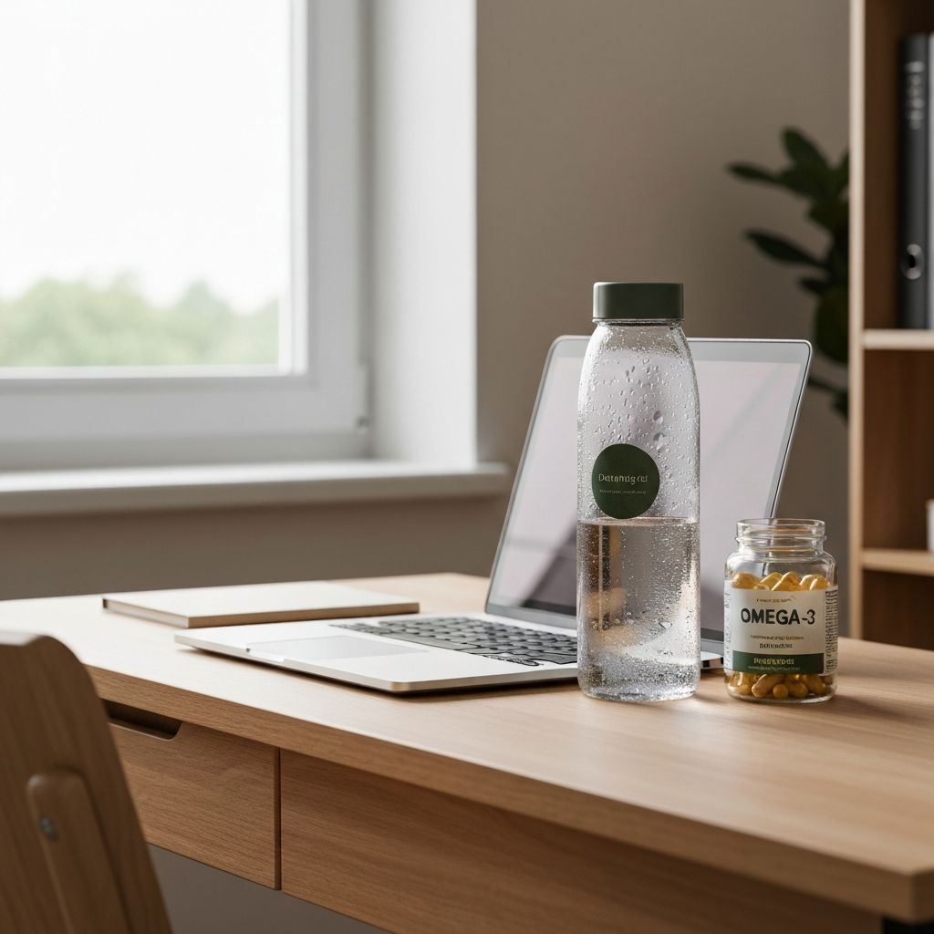 Schreibtisch mit Laptop, Supplement-Glas und Trinkflasche